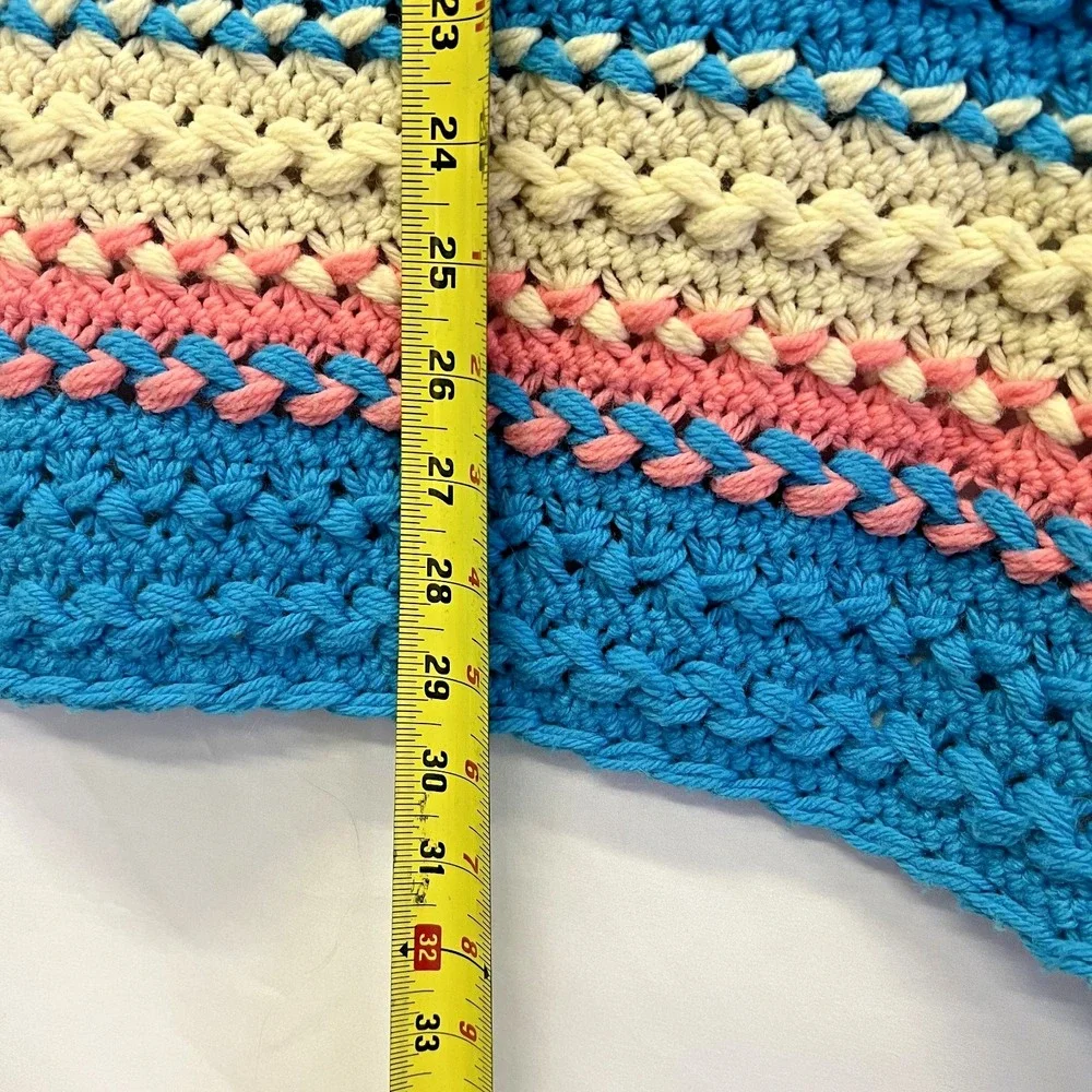 Vtg Afghan Crochet Blanket Handmade Fringed Throw 50x29 Baby Blue Pink Cream